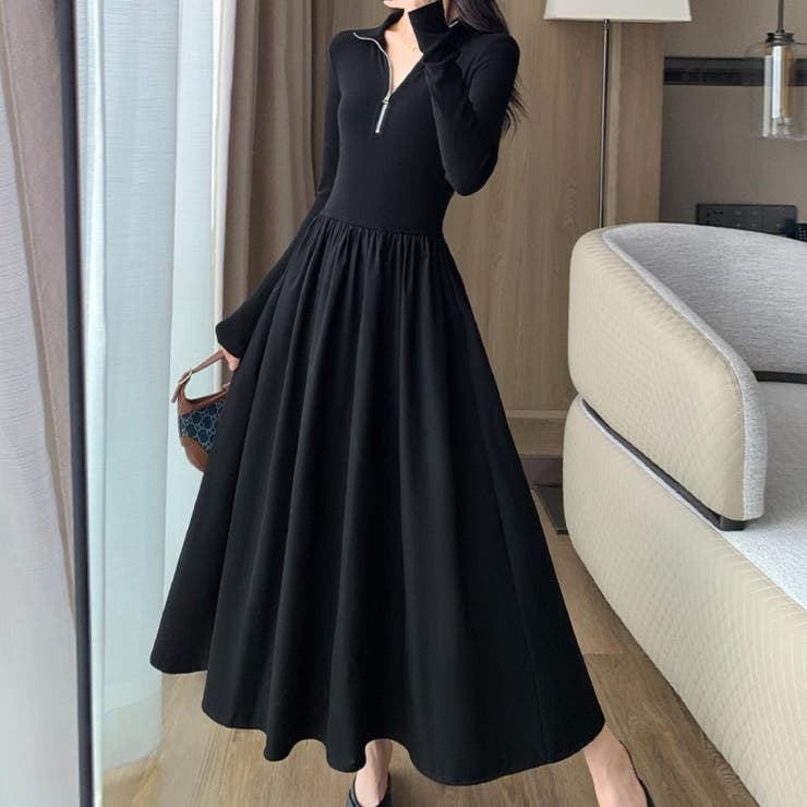 ハーフジップで首元アレンジ可能な長袖ワンピース クルーネック Vネック | maison de LATIR | 詳細画像3 