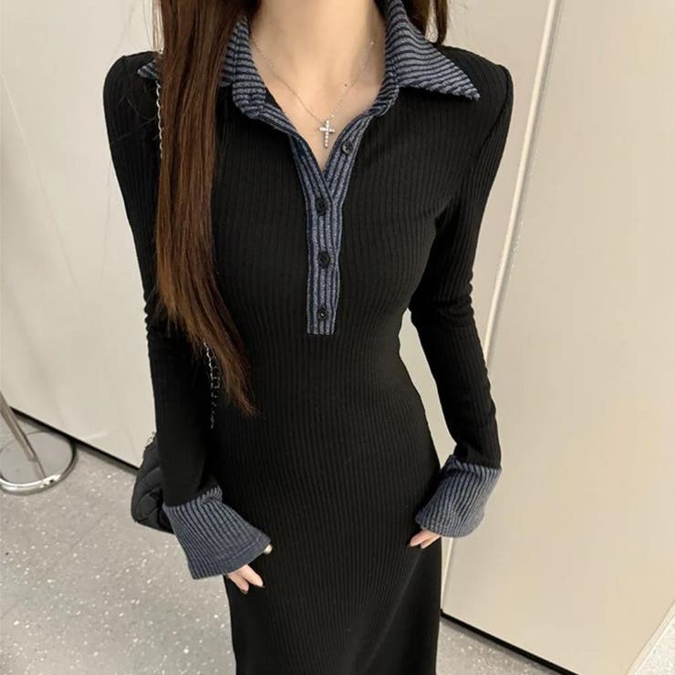 華やかに彩る大人可愛いバイカラー異素材切替ニットワンピース ワンピース オフィス | maison de LATIR | 詳細画像7 