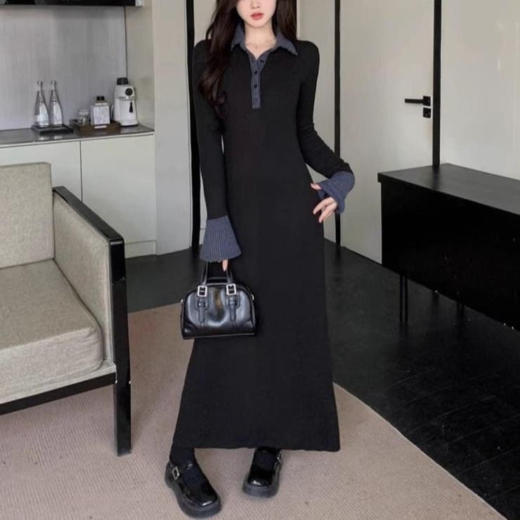 華やかに彩る大人可愛いバイカラー異素材切替ニットワンピース ワンピース オフィス | maison de LATIR | 詳細画像4 