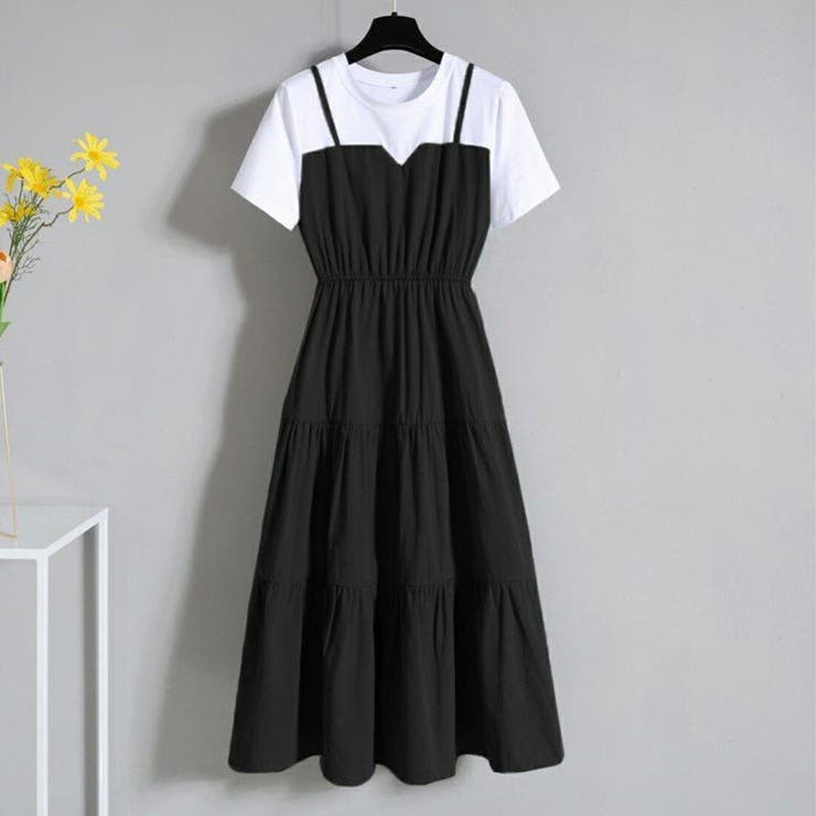 ブラック | 一枚で完成、今っぽレイヤードバイカラーワンピース 配色ティアード レイヤード | maison de LATIR