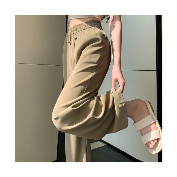 ドレープ感が可愛いウエストチェーンストレートモップパンツ夏秋ルーズワイドレッグウエストゴムゆったりカジュアル無地