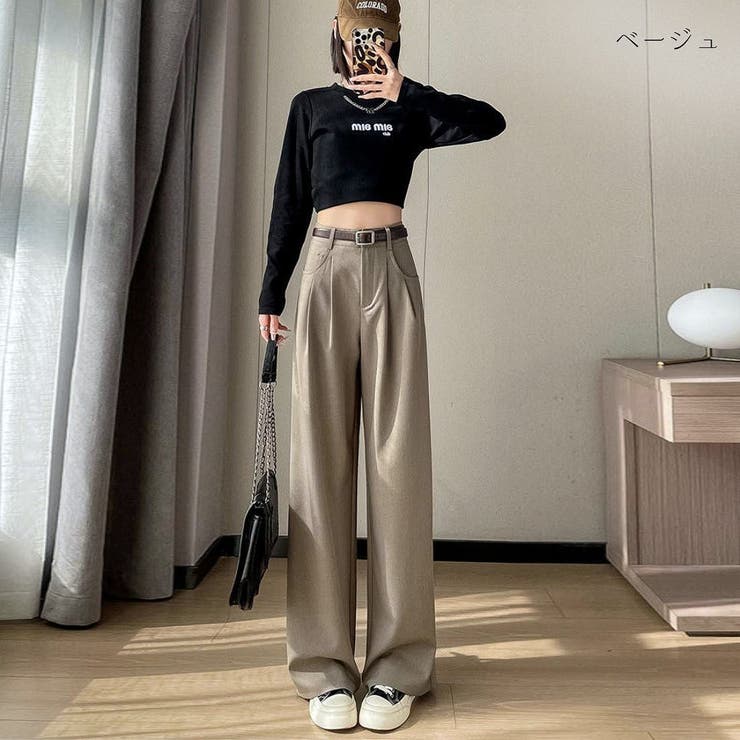 ベージュ | 脚長効果が嬉しい美シルエットなハイウエストワイドパンツ 美脚 脚長 | maison de LATIR