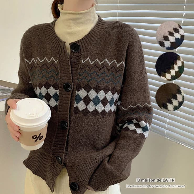 ノルディックパターンクルーネックカーデ ニット カーデ[品番 