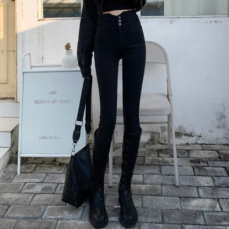 ブラック | ウエストinがお洒落なハイウエストタイトジーンズ デニム スキニーパンツ | maison de LATIR