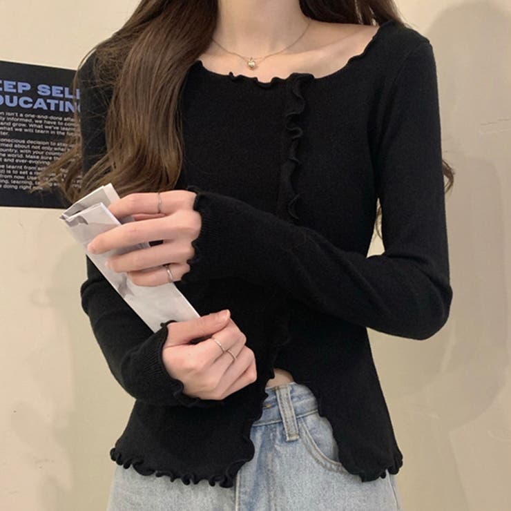 ブラック | コーデを華やかにするフリルデザインニットトップス スリット 冬 | maison de LATIR