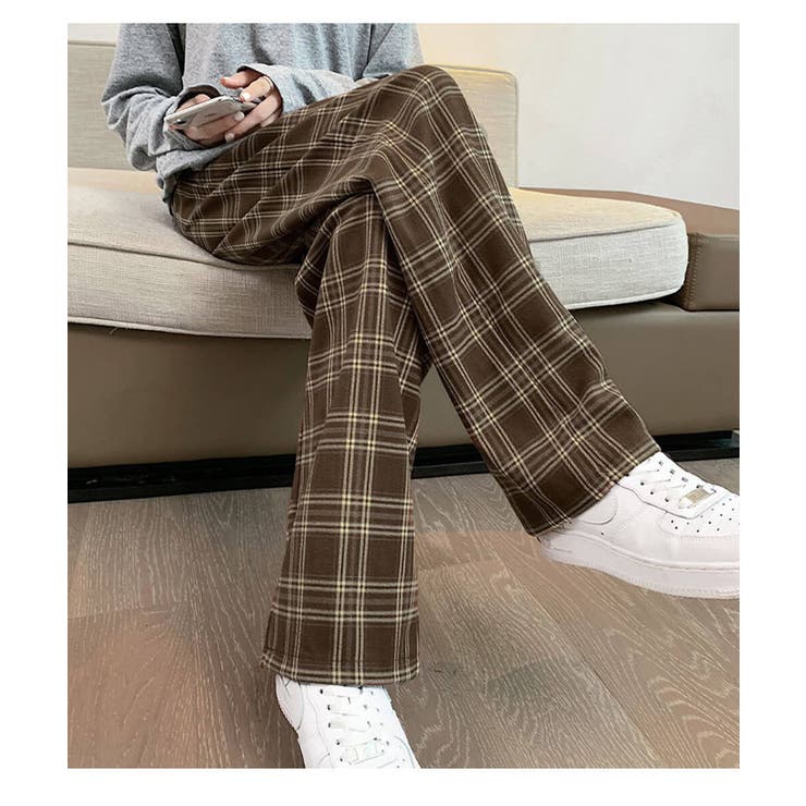 mahf コンフィーパンツ2 Wクロス2XL ブラウンチェック柄 human woman ワイドチェックパンツ ブラウンチェック3