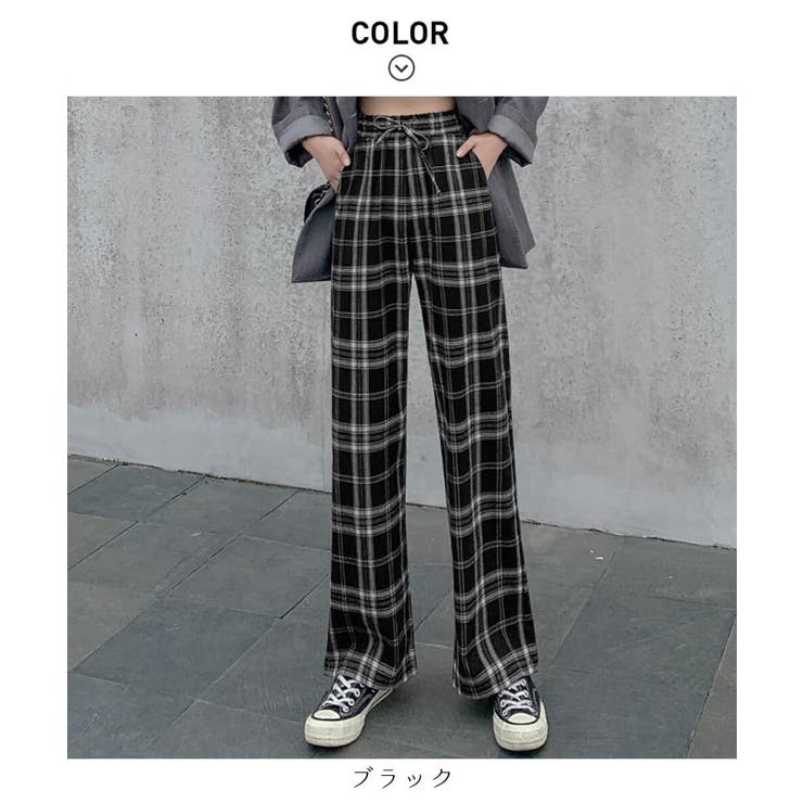 チェック柄ハイウエスト セミワイドチェックパンツ韓国