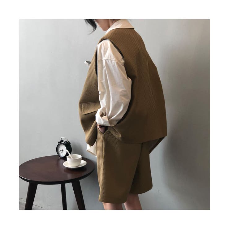 ワッフルベスト×ハーフパンツセットアップ 2点セット 無地[品番