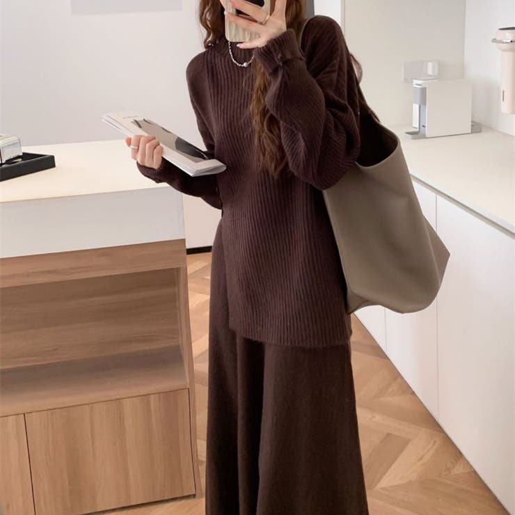ブラウン | 【セットアップ】長袖ニットトップス&フレアロングスカート トップス ニット | maison de LATIR