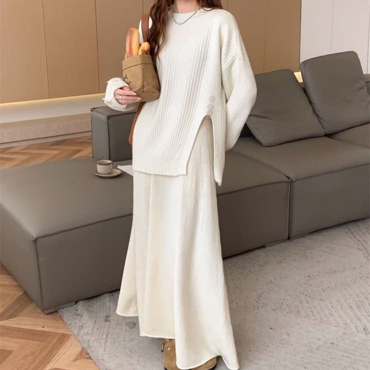 ホワイト | 【セットアップ】長袖ニットトップス&フレアロングスカート トップス ニット | maison de LATIR