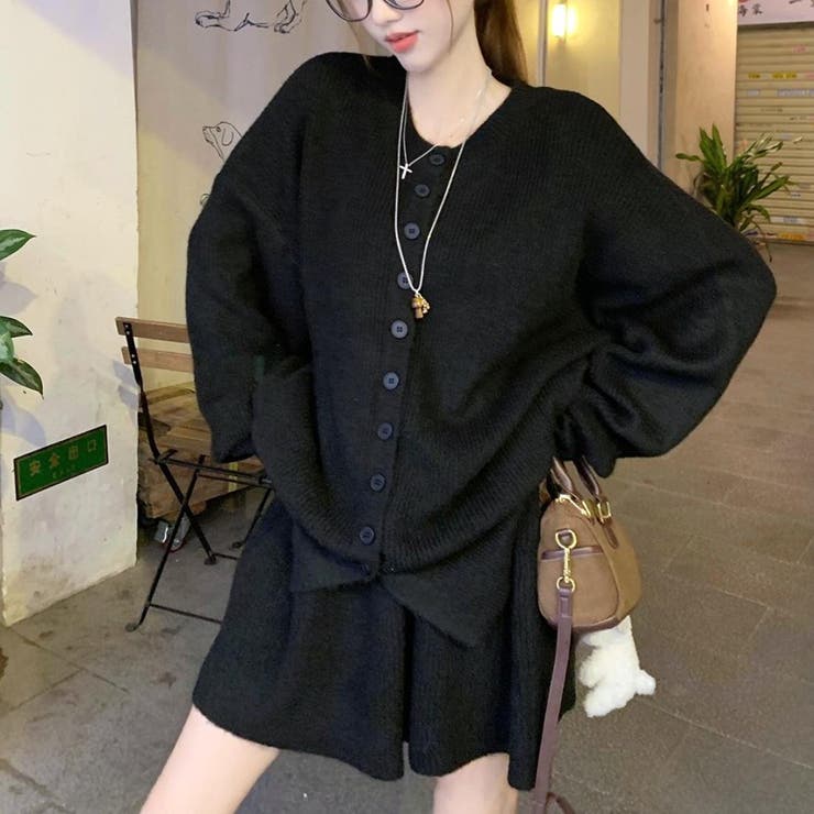 ブラック | ゆるっと可愛い、冬ニットセット 万能 セットアップ | maison de LATIR