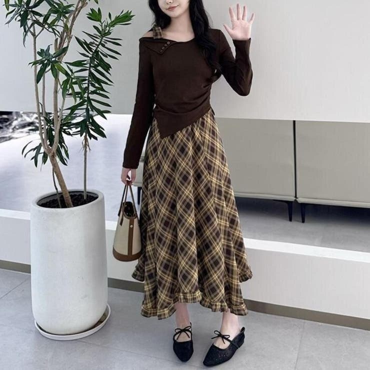 一枚で完成アシメトップス&チェック柄ロングドレープスカート アンサンブル オフィス | maison de LATIR | 詳細画像2 