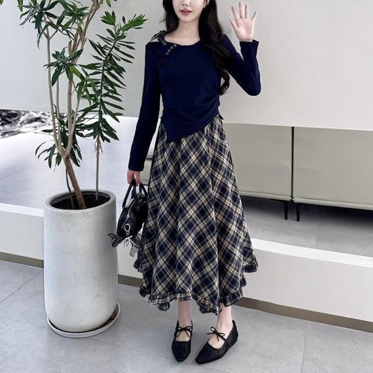 一枚で完成アシメトップス&チェック柄ロングドレープスカート アンサンブル オフィス | maison de LATIR | 詳細画像5 