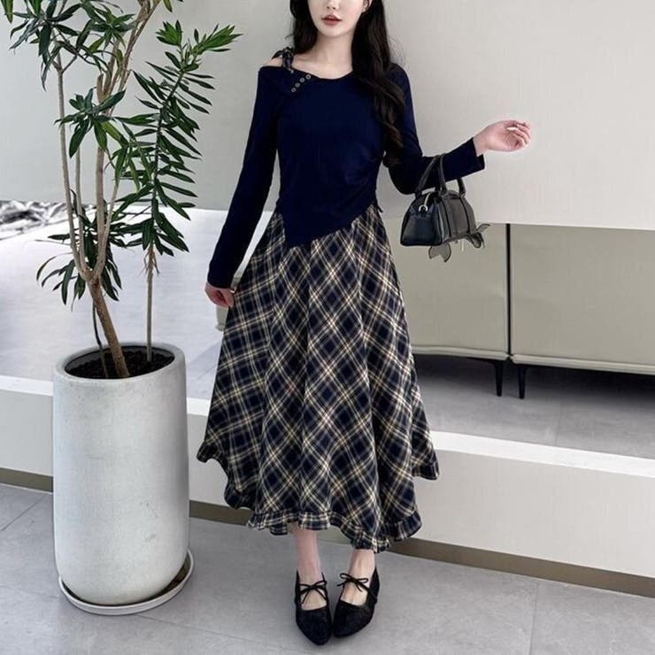 一枚で完成アシメトップス&チェック柄ロングドレープスカート アンサンブル オフィス | maison de LATIR | 詳細画像6 