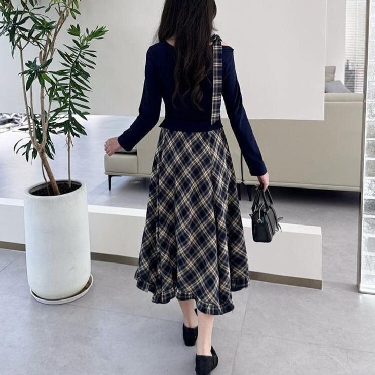 一枚で完成アシメトップス&チェック柄ロングドレープスカート アンサンブル オフィス | maison de LATIR | 詳細画像7 