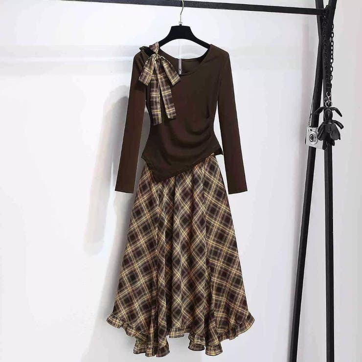 一枚で完成アシメトップス&チェック柄ロングドレープスカート アンサンブル オフィス | maison de LATIR | 詳細画像8 