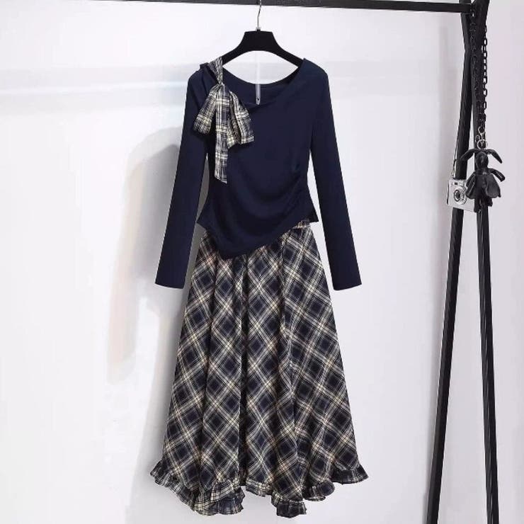 一枚で完成アシメトップス&チェック柄ロングドレープスカート アンサンブル オフィス | maison de LATIR | 詳細画像13 