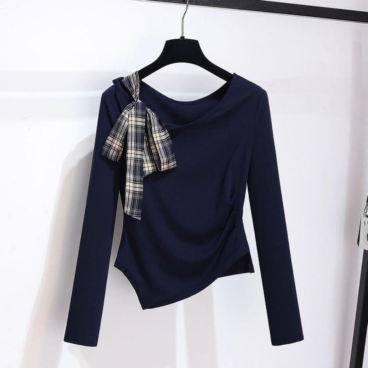 一枚で完成アシメトップス&チェック柄ロングドレープスカート アンサンブル オフィス | maison de LATIR | 詳細画像14 