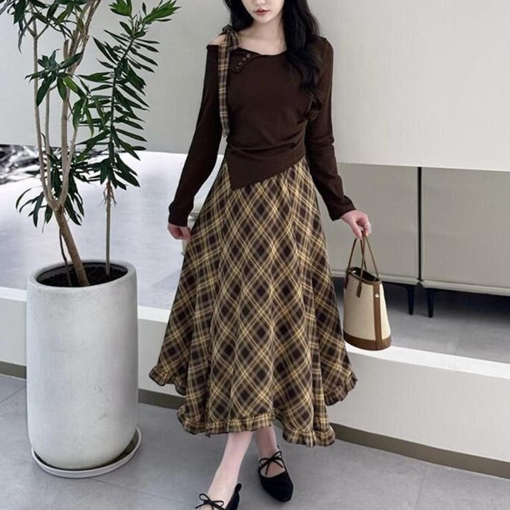 ブラウン | 一枚で完成アシメトップス&チェック柄ロングドレープスカート アンサンブル オフィス | maison de LATIR