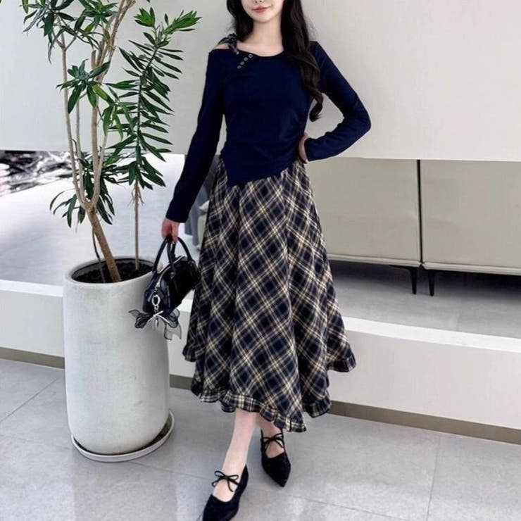 ネイビー | 一枚で完成アシメトップス&チェック柄ロングドレープスカート アンサンブル オフィス | maison de LATIR