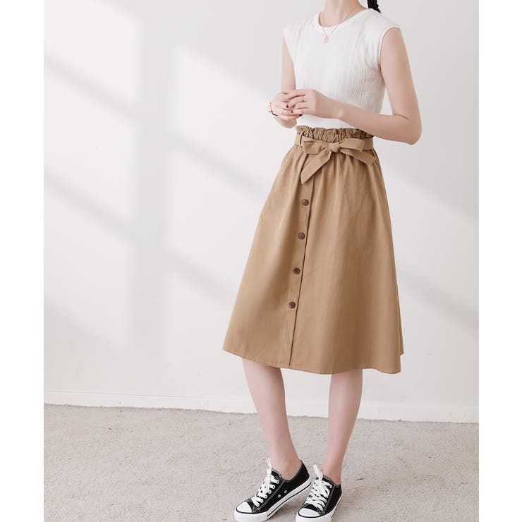 リボンベルトが可愛いフロントボタンAラインスカート ハイ