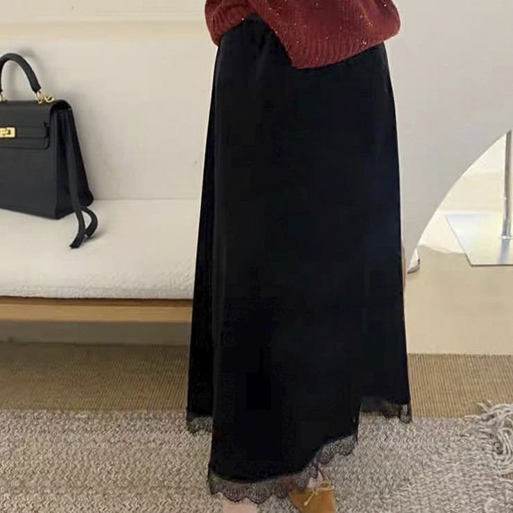 装いがやさしく華やぐレイヤード調ベロアレースロングスカートオフィスカジュアル ロ… | maison de LATIR | 詳細画像2 