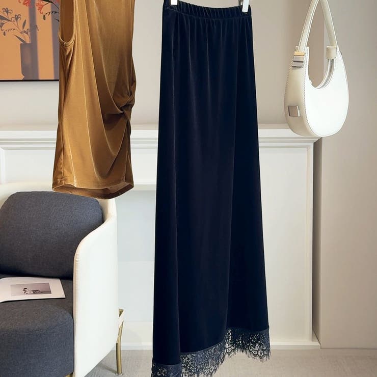 装いがやさしく華やぐレイヤード調ベロアレースロングスカートオフィスカジュアル ロ… | maison de LATIR | 詳細画像5 