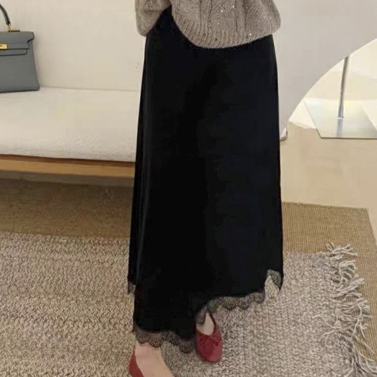 ブラック | 装いがやさしく華やぐレイヤード調ベロアレースロングスカートオフィスカジュアル ロ… | maison de LATIR