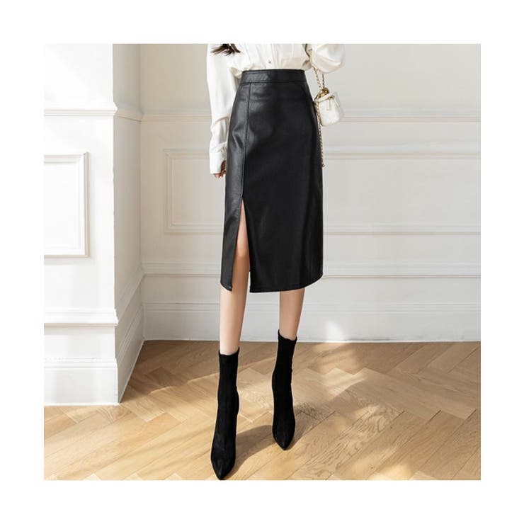 凛とした女性らしさが魅力のフェイクレザータイトスリットスカート ミドル丈 晩冬 | maison de LATIR | 詳細画像3 