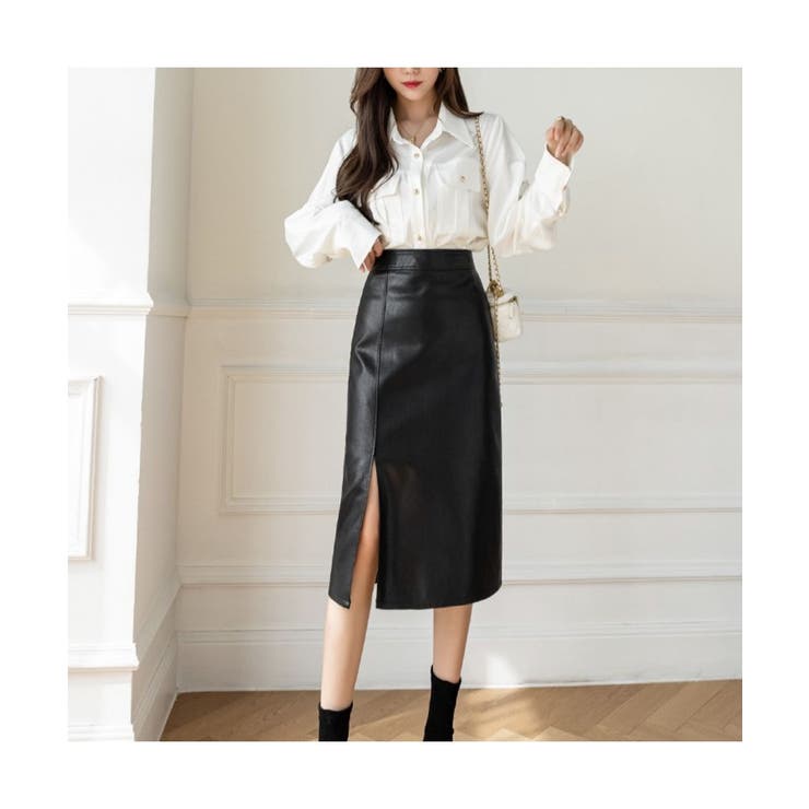 凛とした女性らしさが魅力のフェイクレザータイトスリットスカート ミドル丈 晩冬 | maison de LATIR | 詳細画像4 