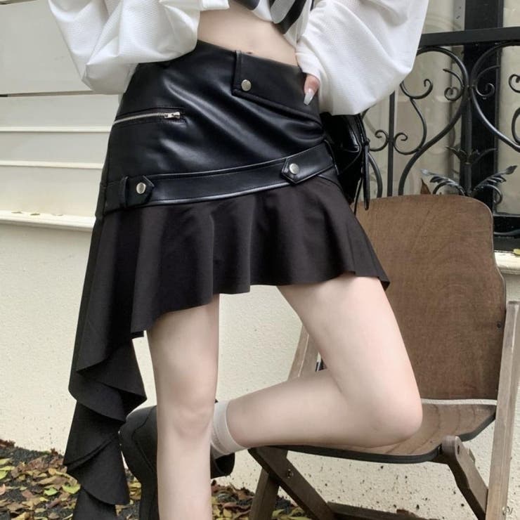 ブラック | 冬コーデを格上げ レザー異素材コンビネーションスカート ミニ | maison de LATIR