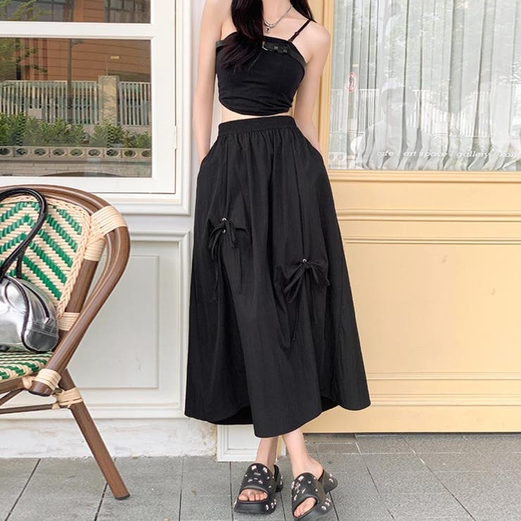 揺れるたび、さりげなく可愛いリボンアクセントギャザーロングスカート オフィス オ… | maison de LATIR | 詳細画像5 