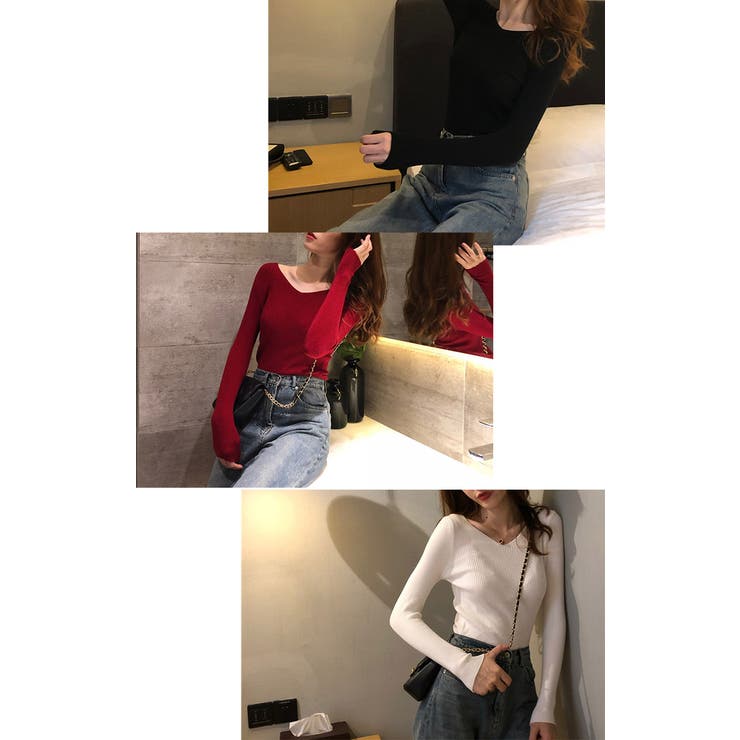 トップスリブニット長袖Vネック無地韓国シンプルトップスレディース夏きれいめトップスレディーストップスレディース長袖ニットレディースタイトカジュアル