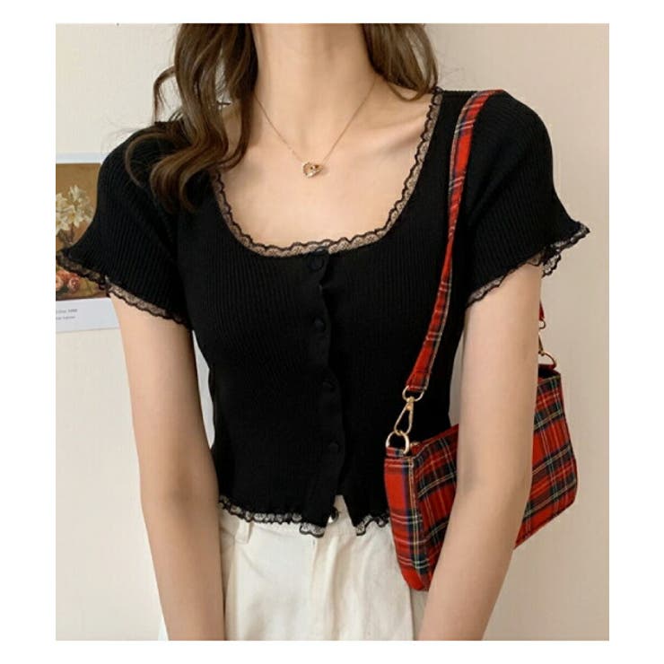 トップスレディース半袖セクシーラウンドネックtシャツおしゃれカットソー前開きボタンミニ丈ショートショート丈リブレーススリムスリムフィット