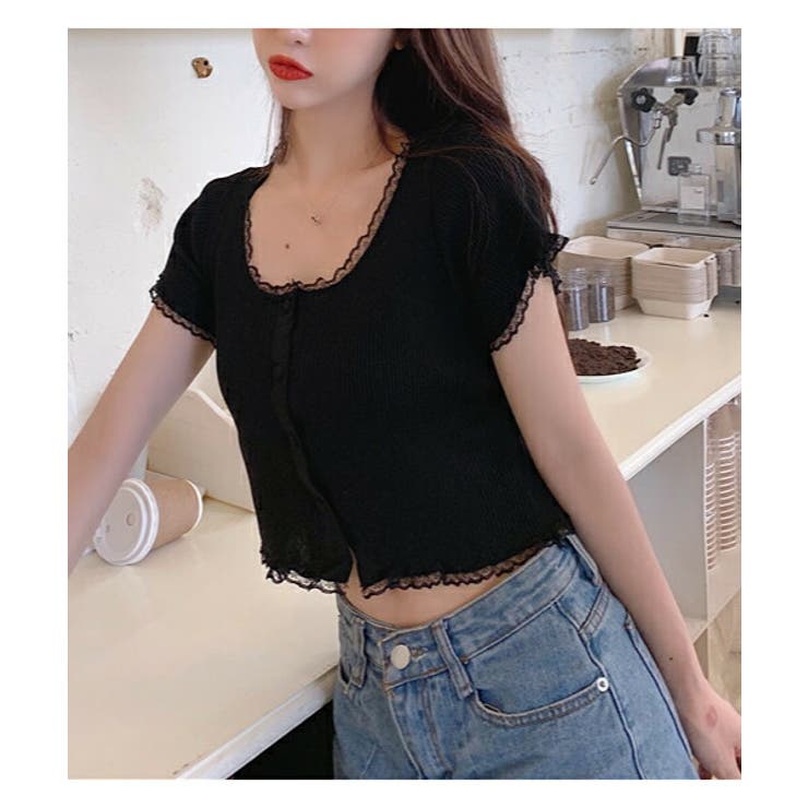 トップスレディース半袖セクシーラウンドネックtシャツおしゃれカットソー前開きボタンミニ丈ショートショート丈リブレーススリムスリムフィット