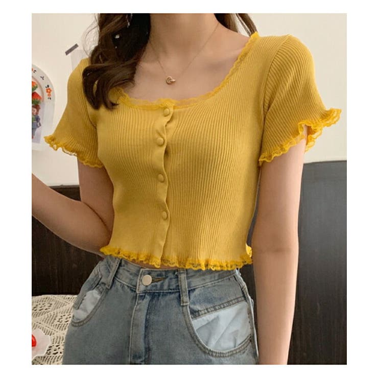トップスレディース半袖セクシーラウンドネックtシャツおしゃれカットソー前開きボタンミニ丈ショートショート丈リブレーススリムスリムフィット