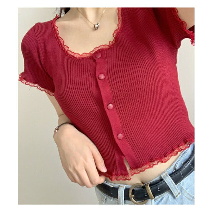 トップスレディース半袖セクシーラウンドネックtシャツおしゃれカットソー前開きボタンミニ丈ショートショート丈リブレーススリムスリムフィット