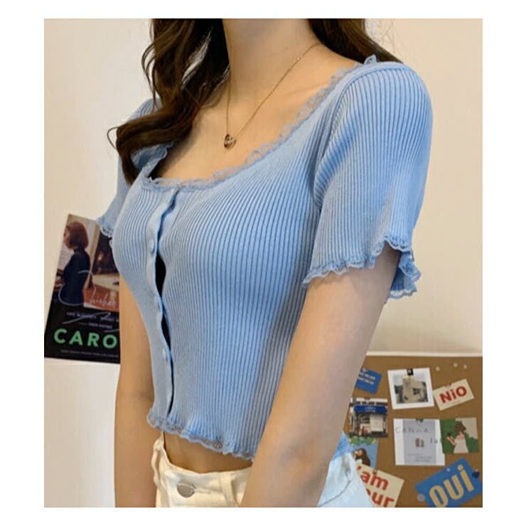 トップスレディース半袖セクシーラウンドネックtシャツおしゃれカットソー前開きボタンミニ丈ショートショート丈リブレーススリムスリムフィット