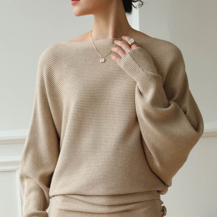 冬即戦力 ボリューム袖ボートネック極上ドルマンニットトップス