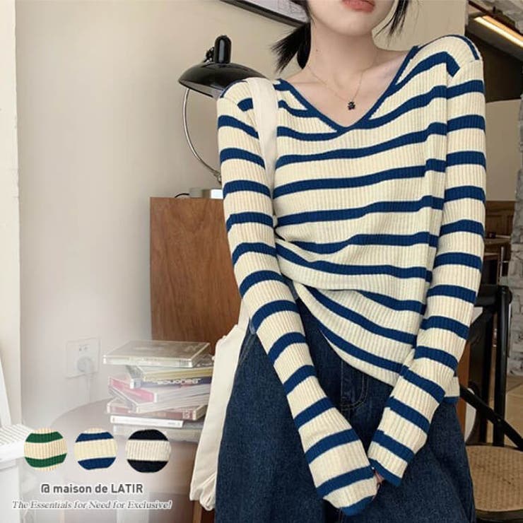 コーデの主役になれるストライプ柄VネックTシャツ 長袖 トップス[品番