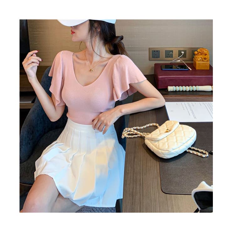 華やかなロータスリーフスリーブのVネック半袖トップスエレガント女性らしいスリムふんわりTシャツ