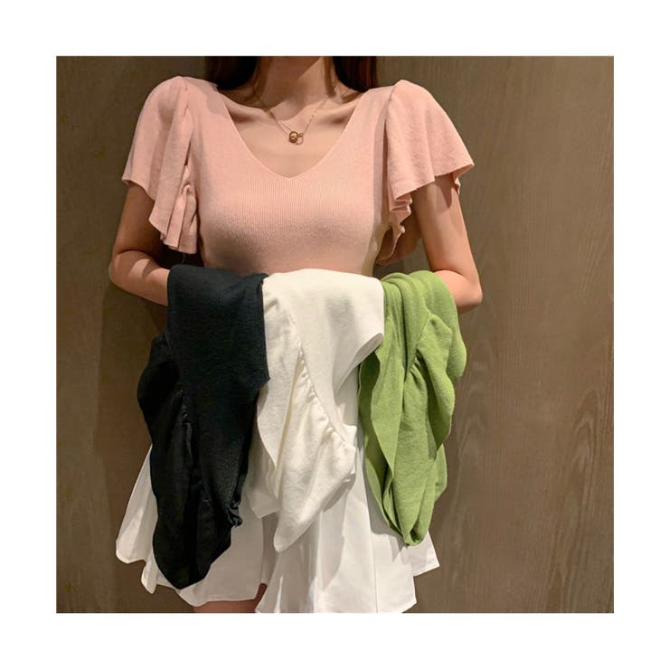 華やかなロータスリーフスリーブのVネック半袖トップスエレガント女性らしいスリムふんわりTシャツ