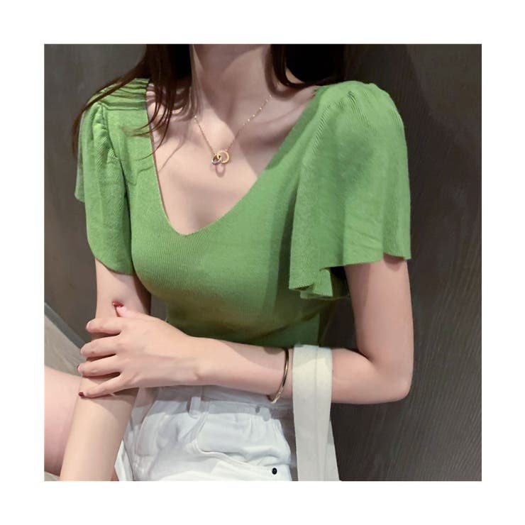 華やかなロータスリーフスリーブのVネック半袖トップスエレガント女性らしいスリムふんわりTシャツ