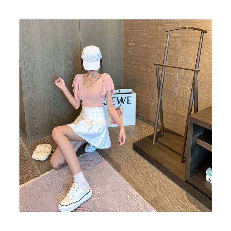 華やかなロータスリーフスリーブのVネック半袖トップスエレガント女性らしいスリムふんわりTシャツ