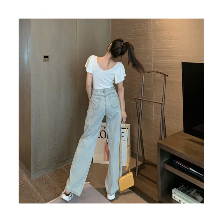 華やかなロータスリーフスリーブのVネック半袖トップスエレガント女性らしいスリムふんわりTシャツ