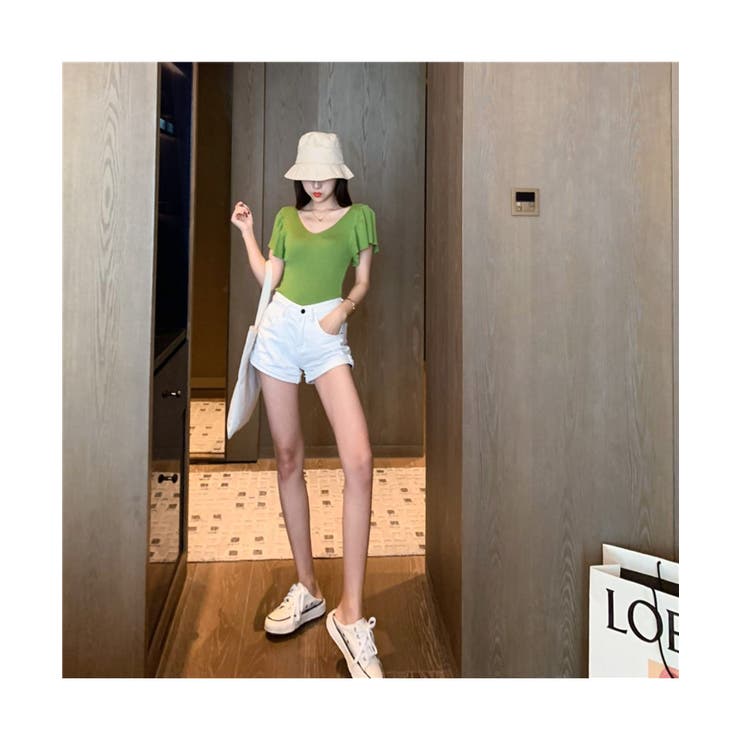 華やかなロータスリーフスリーブのVネック半袖トップスエレガント女性らしいスリムふんわりTシャツ