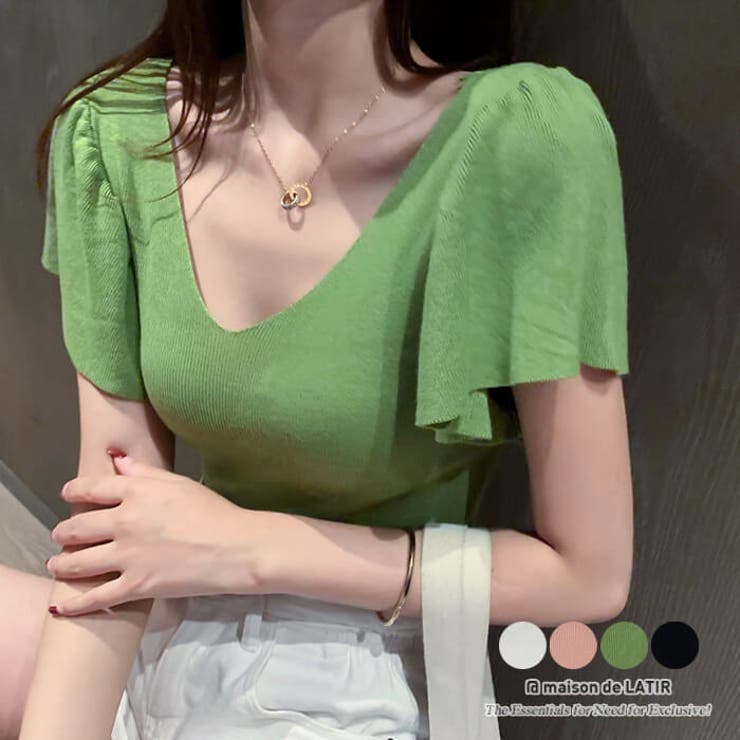 華やかなロータスリーフスリーブのVネック半袖トップス エレガント 女性らしい | maison de LATIR | 詳細画像1 