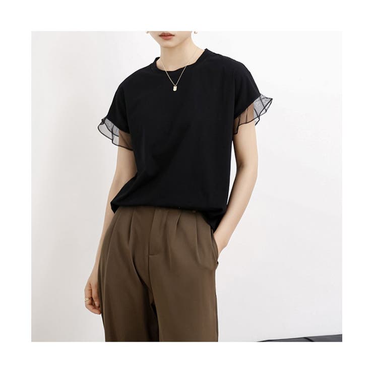tシャツ 着回し力抜群なチュールフリル袖Tシャツ レディース 着回し力抜群なチュールフリル袖Tシャツ 半袖 シンプル[品番