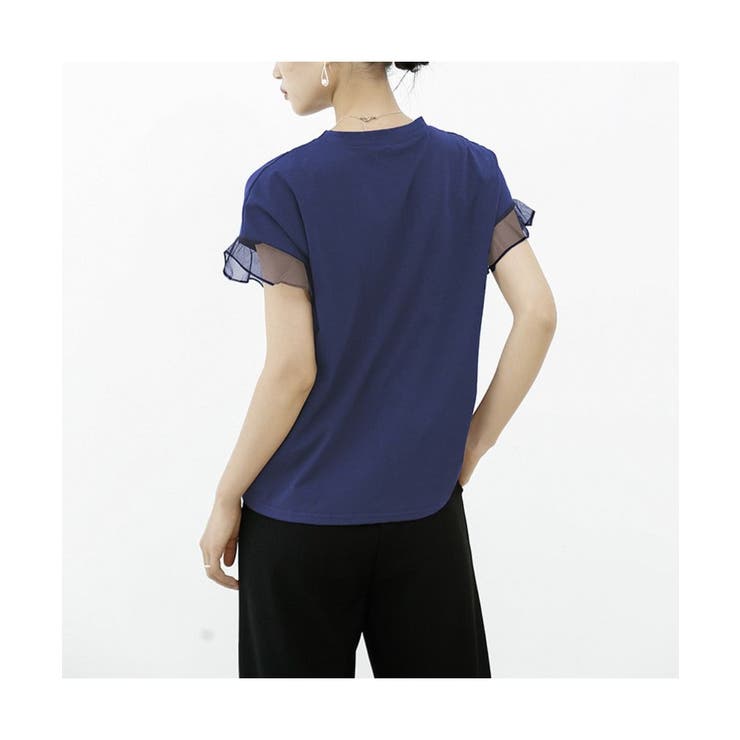 tシャツ 着回し力抜群なチュールフリル袖Tシャツ レディース 着回し力抜群なチュールフリル袖Tシャツ 半袖 シンプル[品番