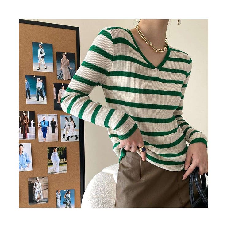 コーデの主役になれるストライプ柄VネックTシャツ 長袖 トップス[品番 